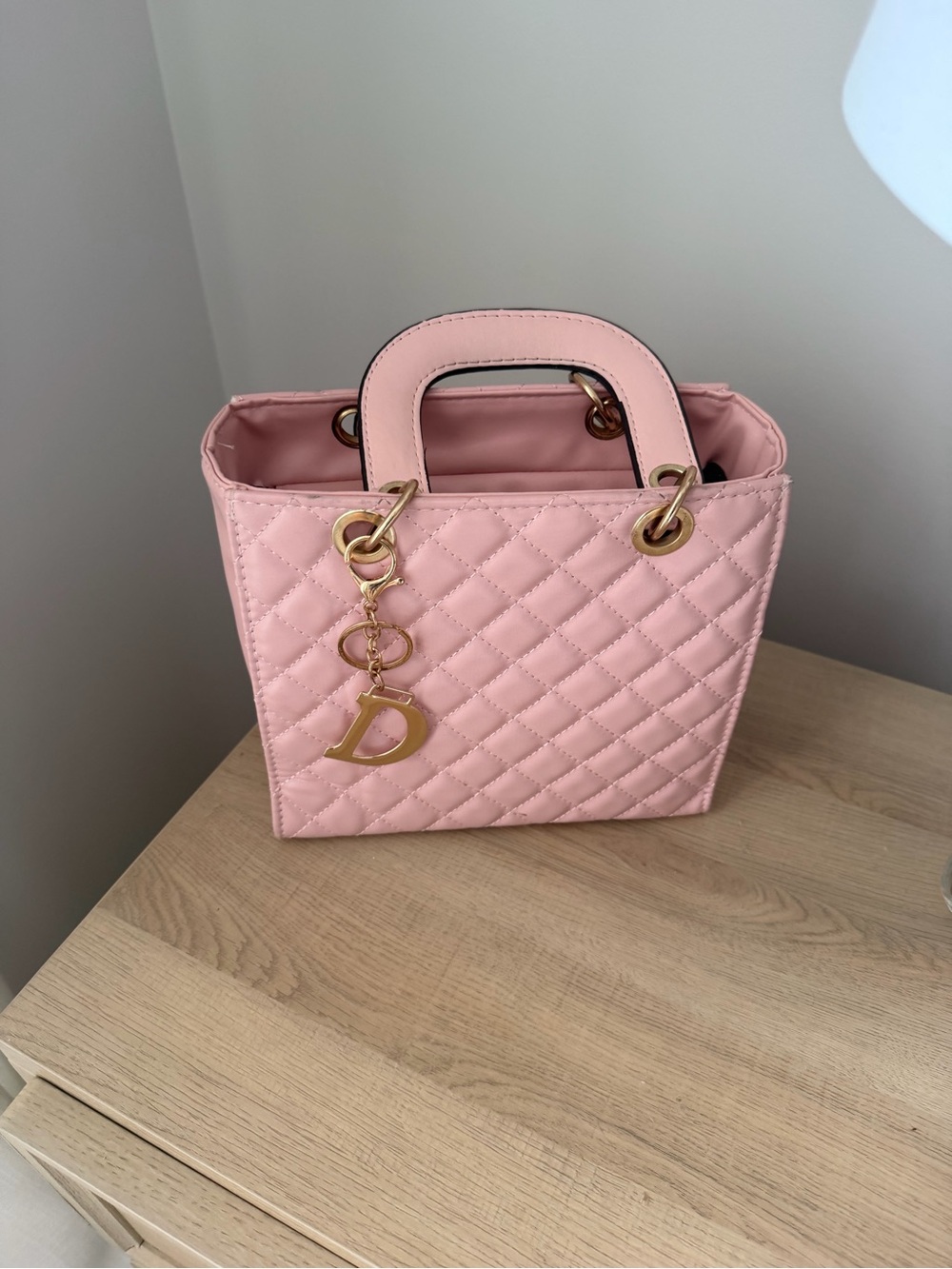 Quilted Pink Top-Handle Tote Bag with Gold Charm